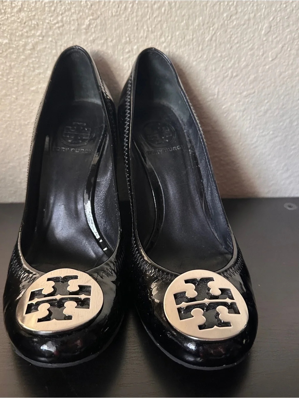 Tory Burch Black Patent Leather Logo Sophie Pumps with Silver Medallion